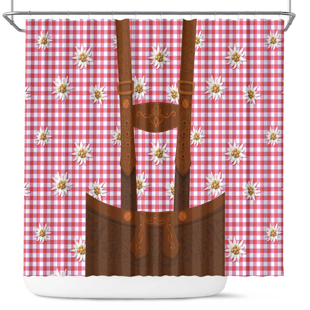 Traditional German Costume - Lederhosen Shower Curtain Red Plaid Pattern with Edelweiss Flowers - Shopicos