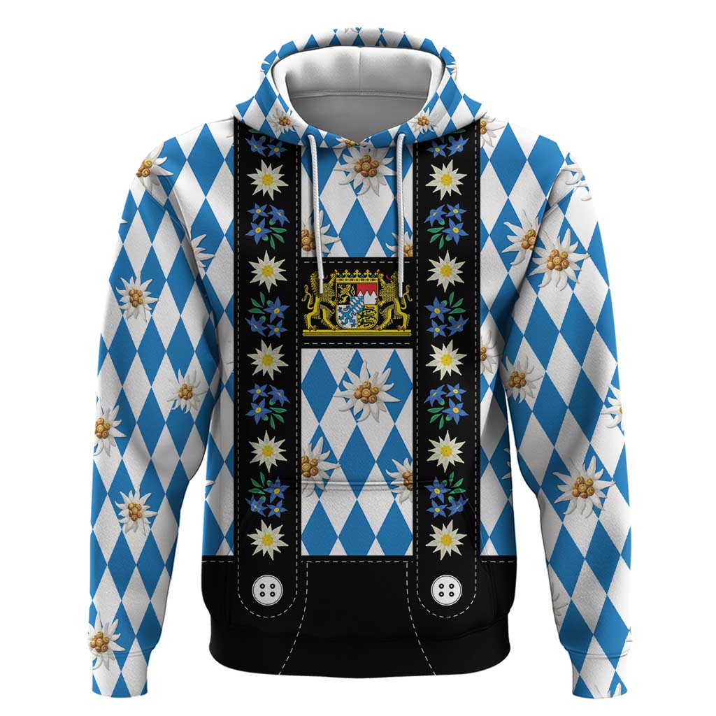 Bavaria Traditional Lederhosen Costume Hoodie Bavaria Emblem - Blue Plaid Pattern with Edelweiss Flowers - Shopicos