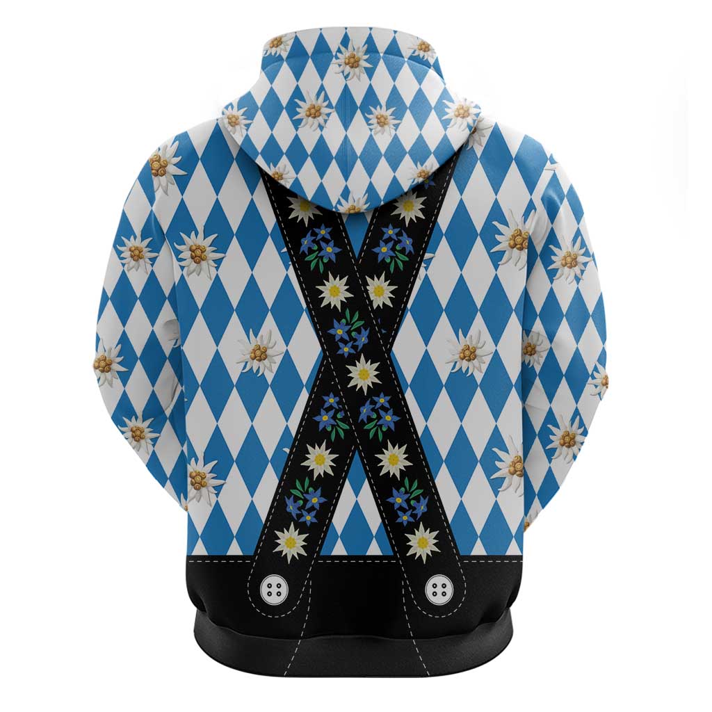 Bavaria Traditional Lederhosen Costume Hoodie Bavaria Emblem - Blue Plaid Pattern with Edelweiss Flowers - Shopicos