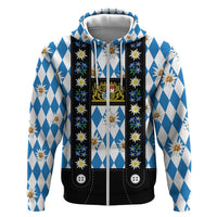 Bavaria Traditional Lederhosen Costume Hoodie Bavaria Emblem - Blue Plaid Pattern with Edelweiss Flowers - Shopicos