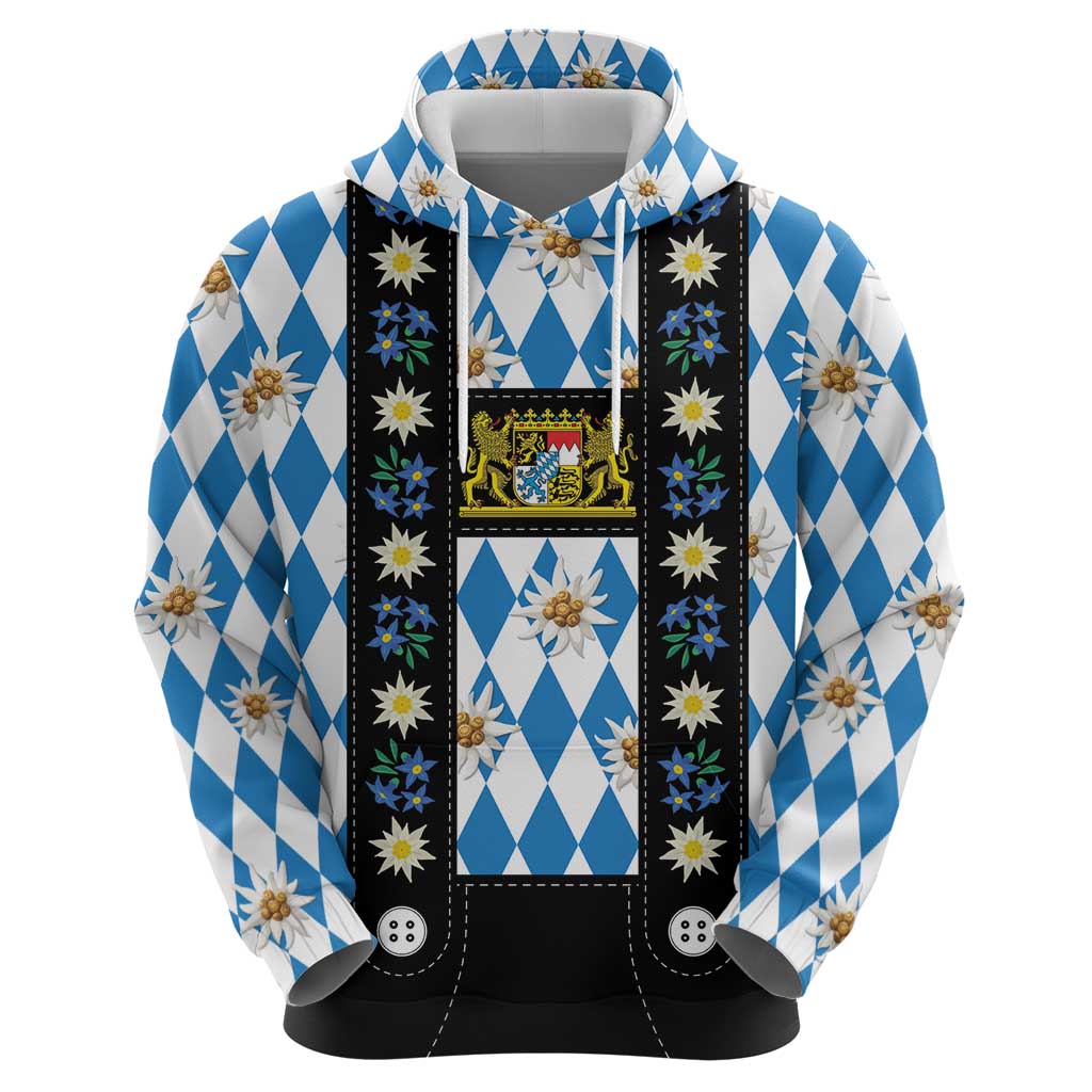 Bavaria Traditional Lederhosen Costume Hoodie Bavaria Emblem - Blue Plaid Pattern with Edelweiss Flowers - Shopicos