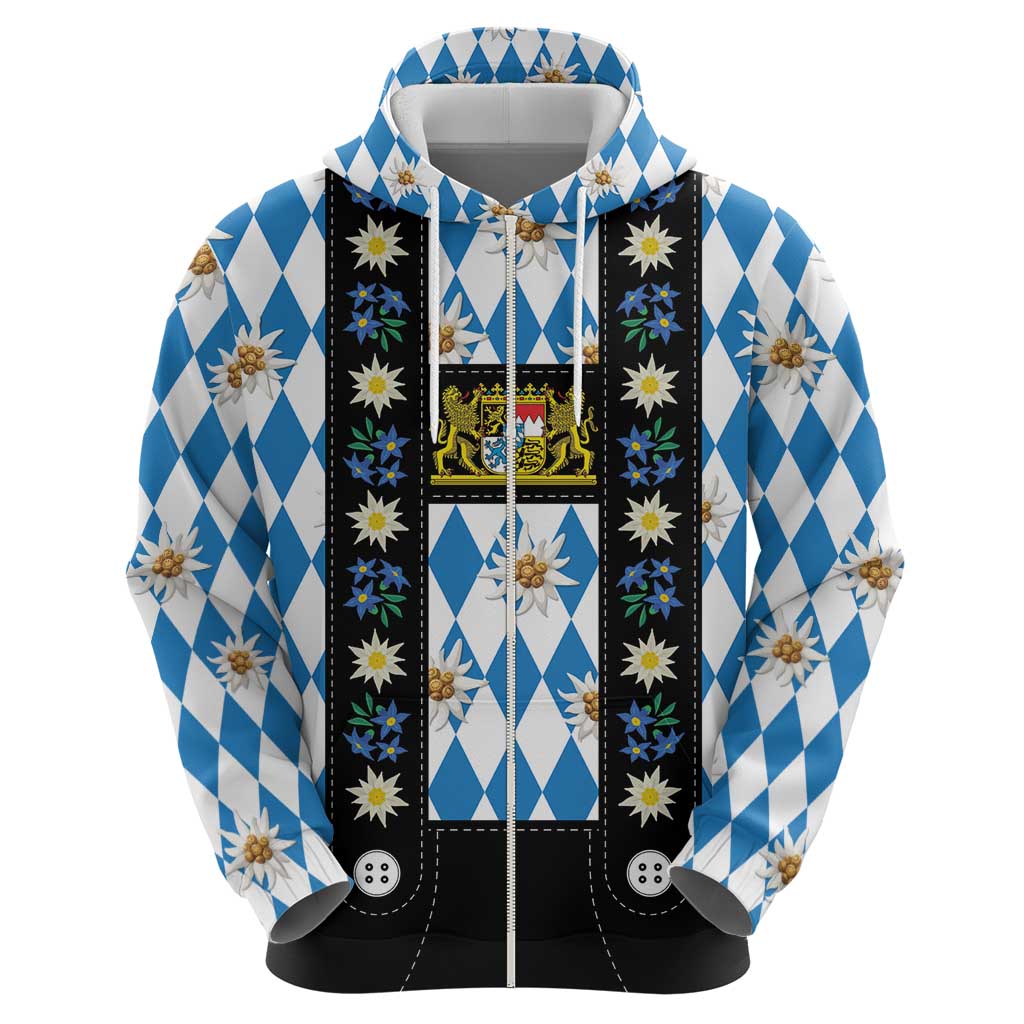 Bavaria Traditional Lederhosen Costume Hoodie Bavaria Emblem - Blue Plaid Pattern with Edelweiss Flowers - Shopicos