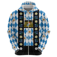 Bavaria Traditional Lederhosen Costume Hoodie Bavaria Emblem - Blue Plaid Pattern with Edelweiss Flowers - Shopicos