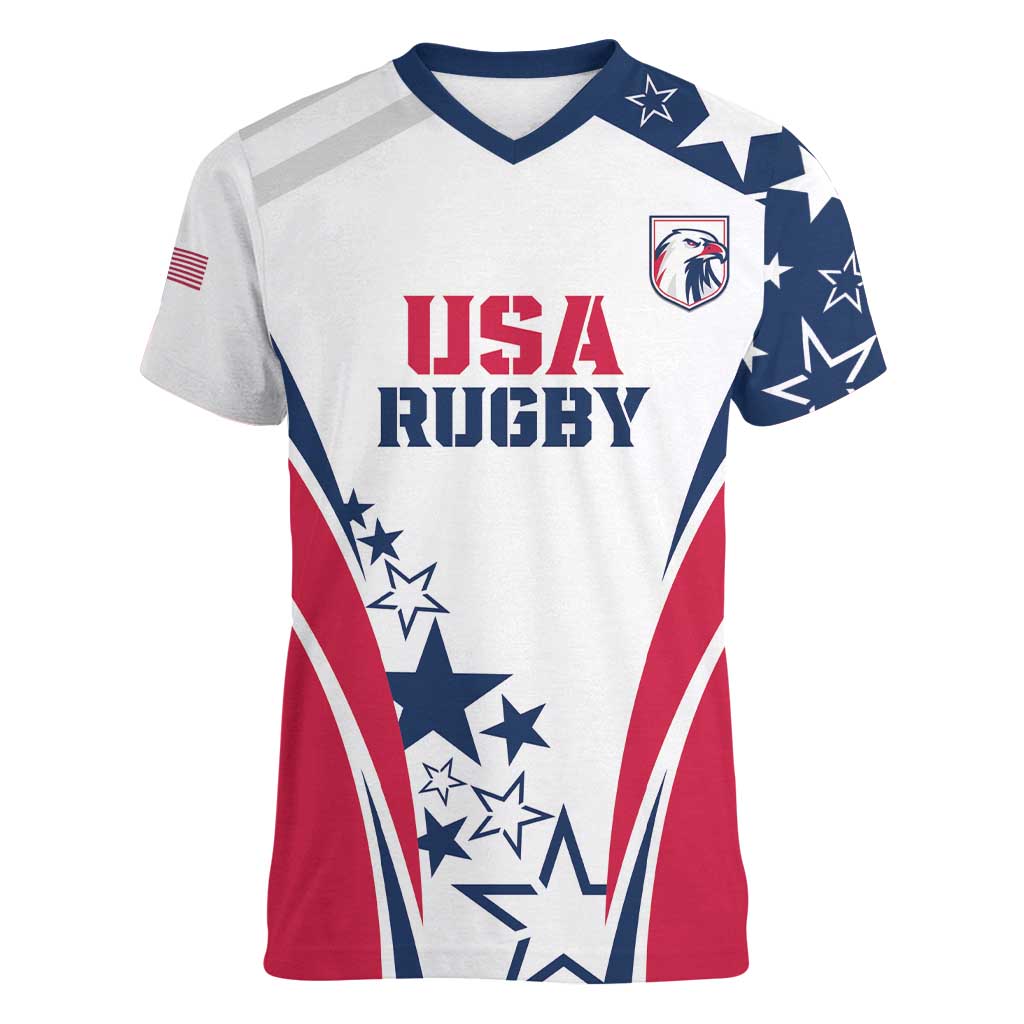 Custom USA Rugby 2024 Women V-Neck T-Shirt Eagles Reigns Supreme White Version LT05 - Shopicos