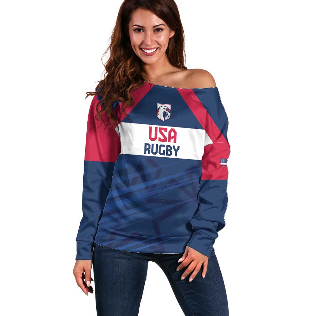 Custom USA Rugby 2024 Off Shoulder Sweater Eagles Reigns Supreme Blue Version LT05 - Shopicos
