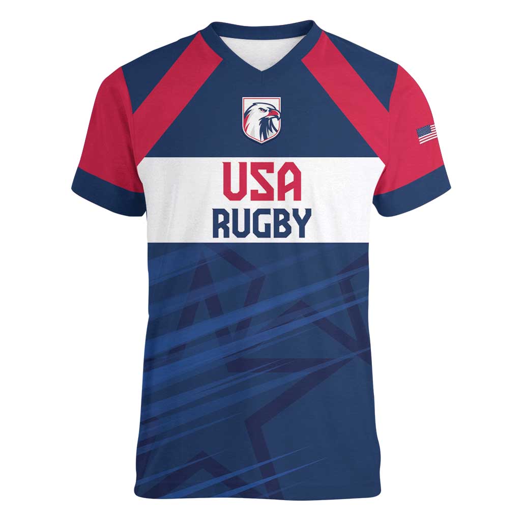 Custom USA Rugby 2024 Women V-Neck T-Shirt Eagles Reigns Supreme Blue Version LT05 - Shopicos