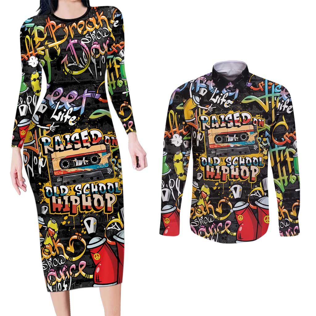 Raised On Hip Hop Couples Matching Long Sleeve Bodycon Dress and Long Sleeve Button Shirt Graffiti Art Style - Shopicos