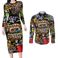 Raised On Hip Hop Couples Matching Long Sleeve Bodycon Dress and Long Sleeve Button Shirt Graffiti Art Style - Shopicos