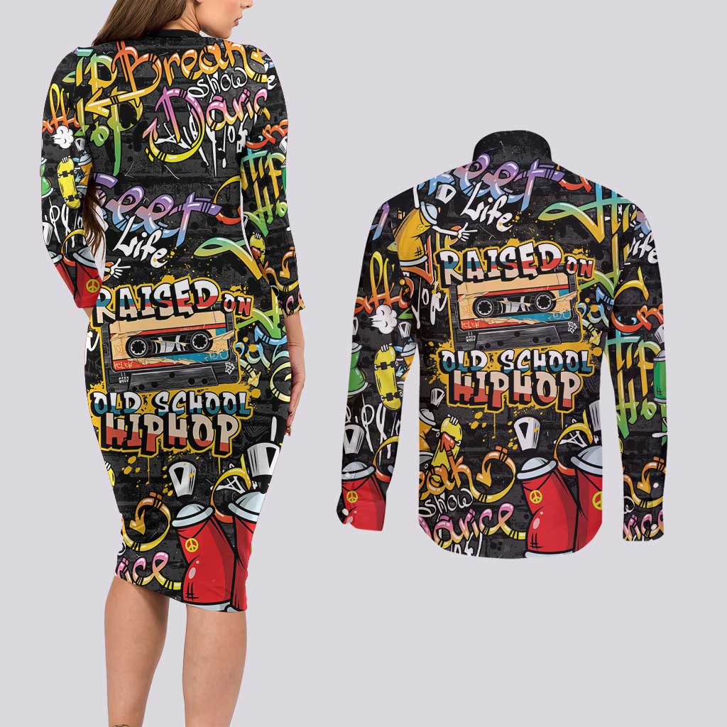 Raised On Hip Hop Couples Matching Long Sleeve Bodycon Dress and Long Sleeve Button Shirt Graffiti Art Style - Shopicos