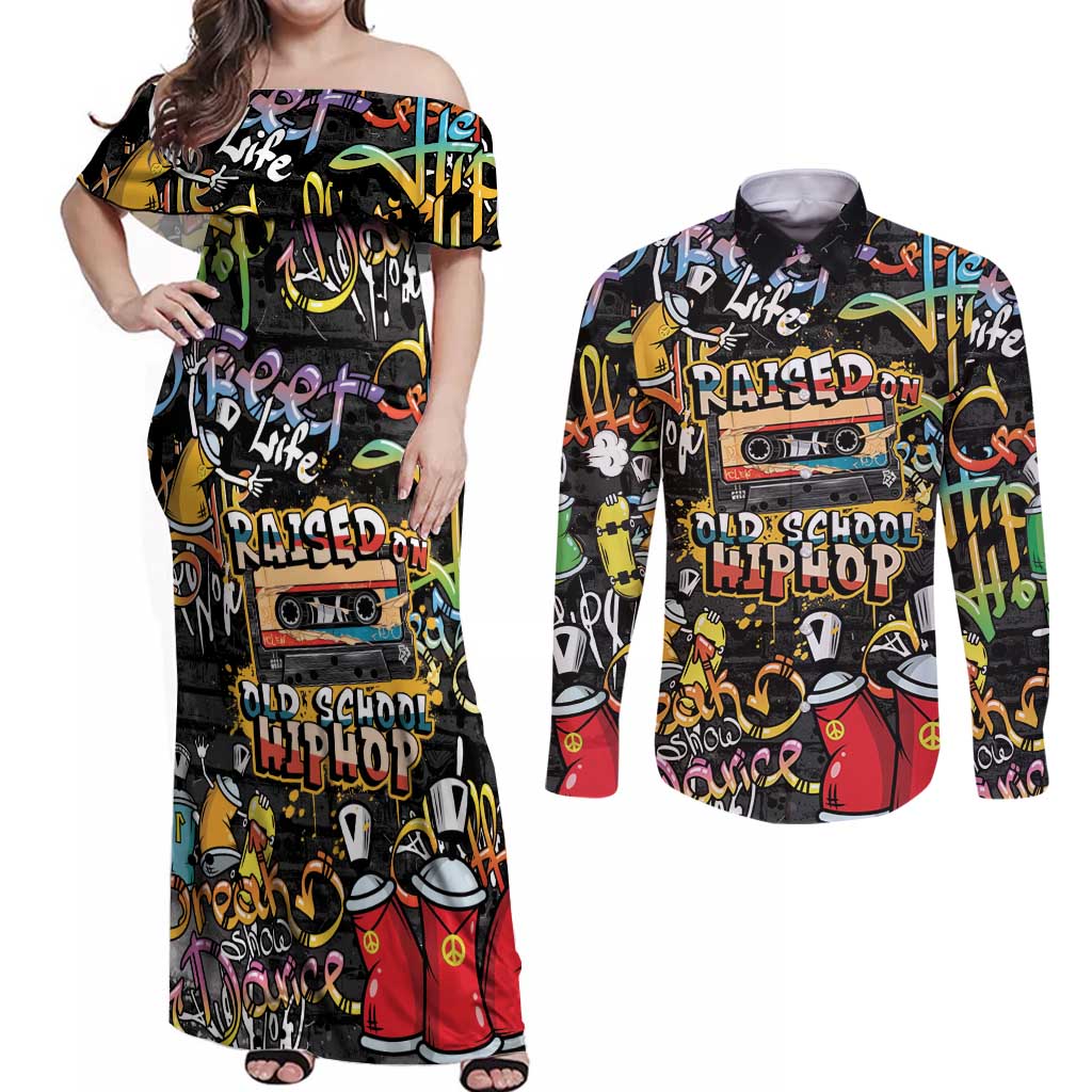Raised On Hip Hop Couples Matching Off Shoulder Maxi Dress and Long Sleeve Button Shirt Graffiti Art Style - Shopicos