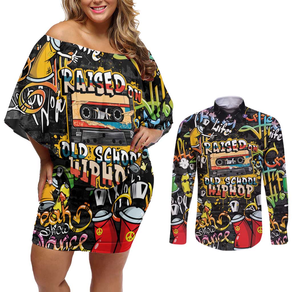 Raised On Hip Hop Couples Matching Off Shoulder Short Dress and Long Sleeve Button Shirt Graffiti Art Style - Shopicos