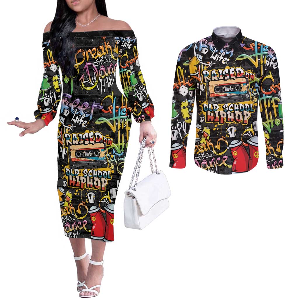 Raised On Hip Hop Couples Matching Off The Shoulder Long Sleeve Dress and Long Sleeve Button Shirt Graffiti Art Style - Shopicos
