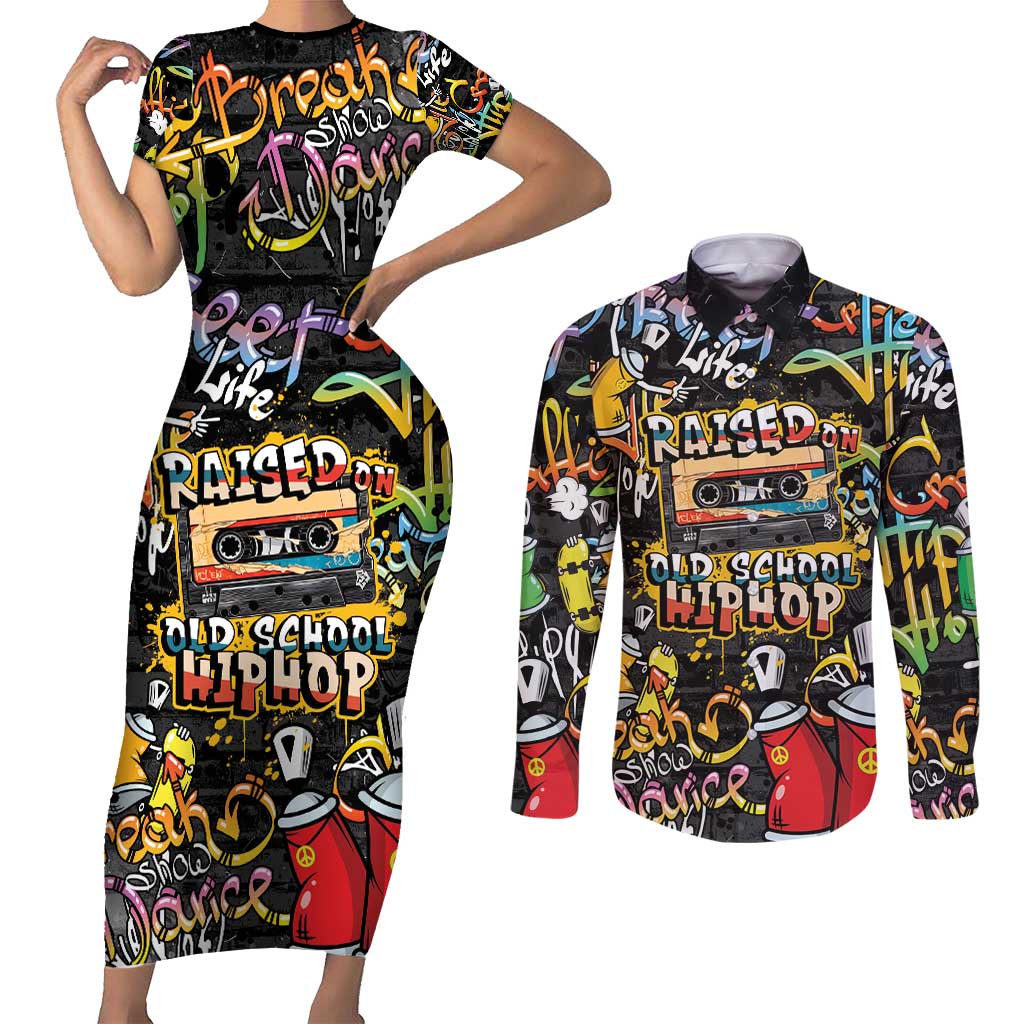 Raised On Hip Hop Couples Matching Short Sleeve Bodycon Dress and Long Sleeve Button Shirt Graffiti Art Style - Shopicos