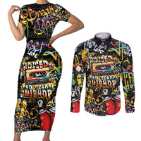 Raised On Hip Hop Couples Matching Short Sleeve Bodycon Dress and Long Sleeve Button Shirt Graffiti Art Style - Shopicos