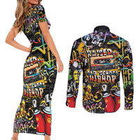 Raised On Hip Hop Couples Matching Short Sleeve Bodycon Dress and Long Sleeve Button Shirt Graffiti Art Style - Shopicos