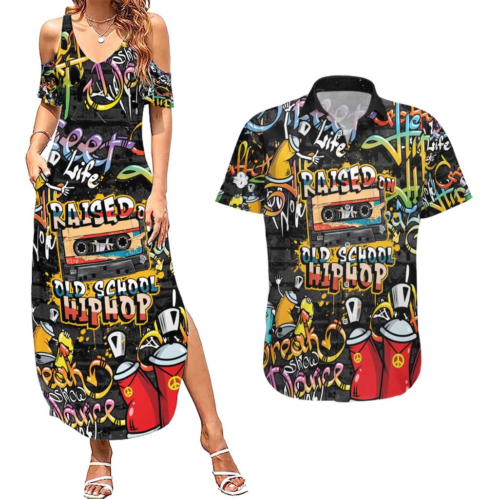 Raised On Hip Hop Couples Matching Summer Maxi Dress and Hawaiian Shirt Graffiti Art Style - Shopicos
