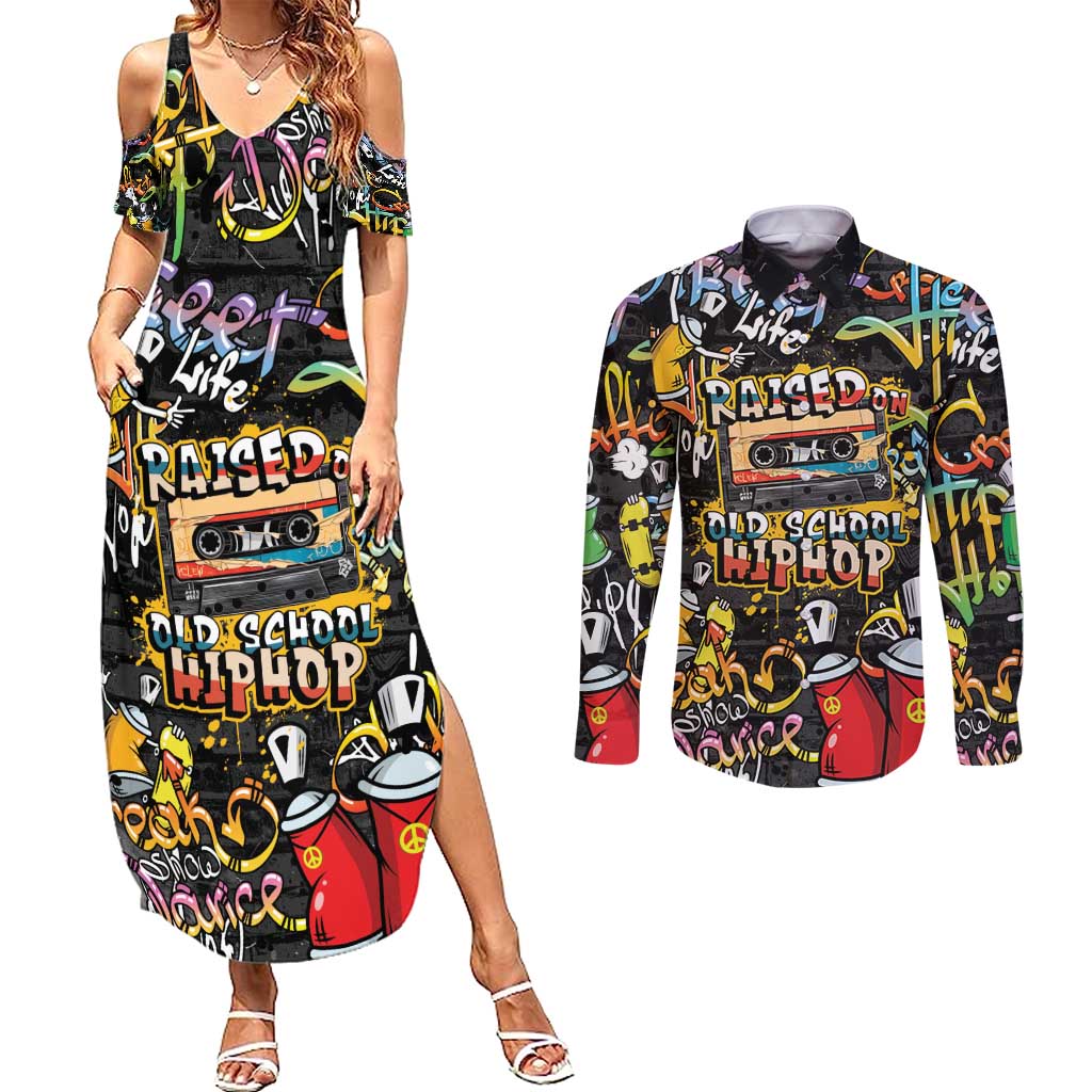 Raised On Hip Hop Couples Matching Summer Maxi Dress and Long Sleeve Button Shirt Graffiti Art Style - Shopicos
