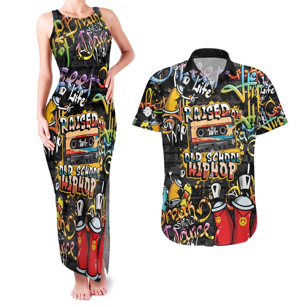 Raised On Hip Hop Couples Matching Tank Maxi Dress and Hawaiian Shirt Graffiti Art Style - Shopicos