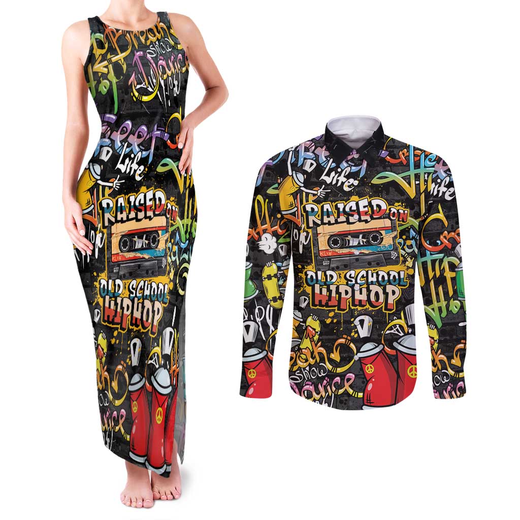 Raised On Hip Hop Couples Matching Tank Maxi Dress and Long Sleeve Button Shirt Graffiti Art Style - Shopicos