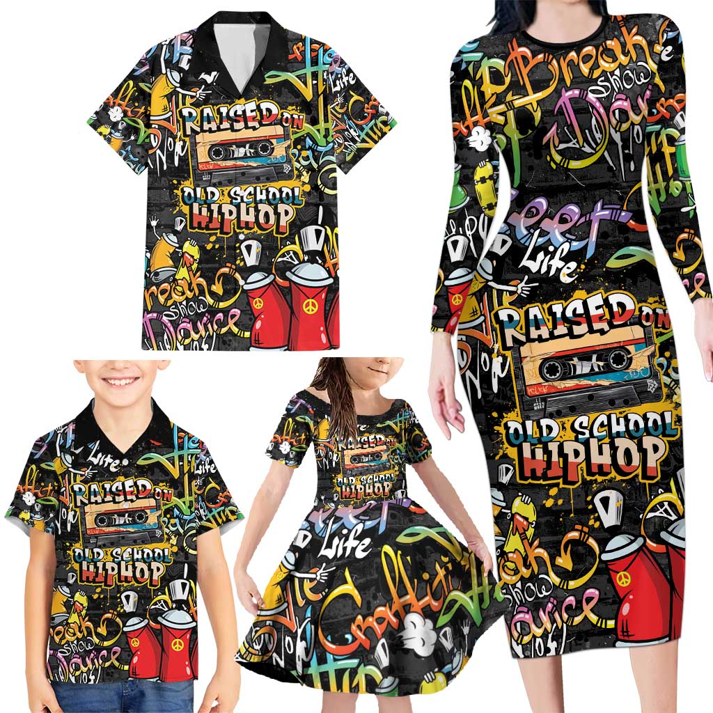 Raised On Hip Hop Family Matching Long Sleeve Bodycon Dress and Hawaiian Shirt Graffiti Art Style - Shopicos