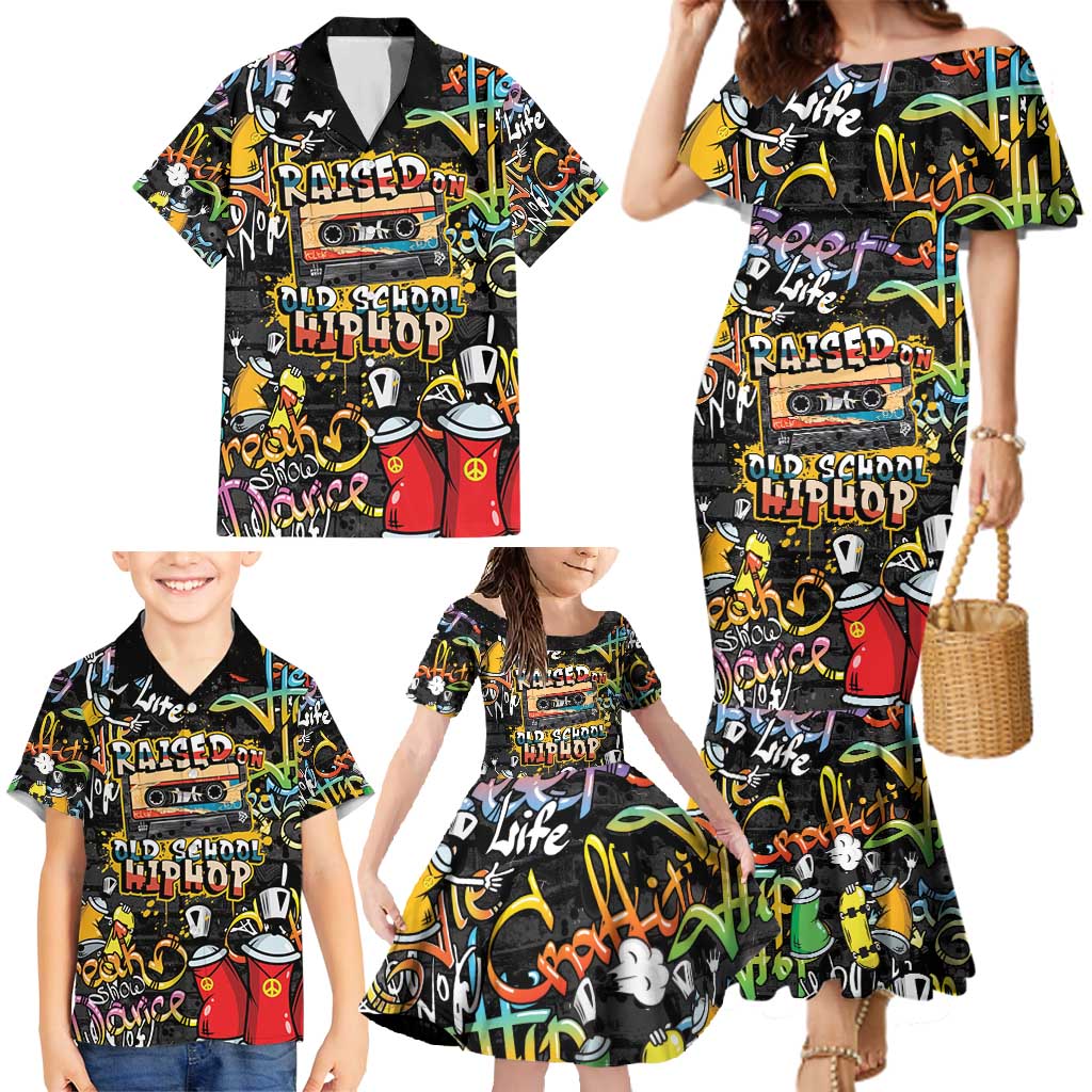 Raised On Hip Hop Family Matching Mermaid Dress and Hawaiian Shirt Graffiti Art Style - Shopicos