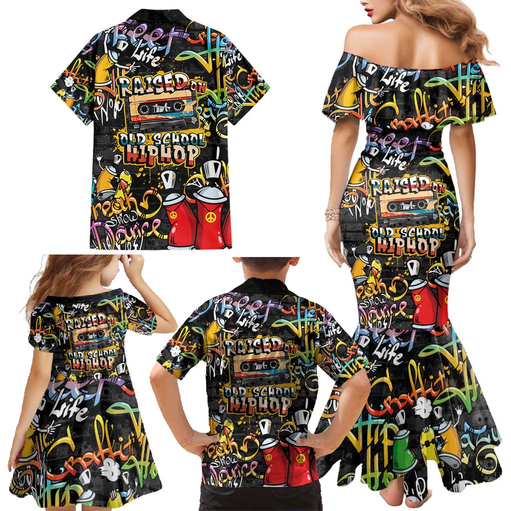 Raised On Hip Hop Family Matching Mermaid Dress and Hawaiian Shirt Graffiti Art Style - Shopicos