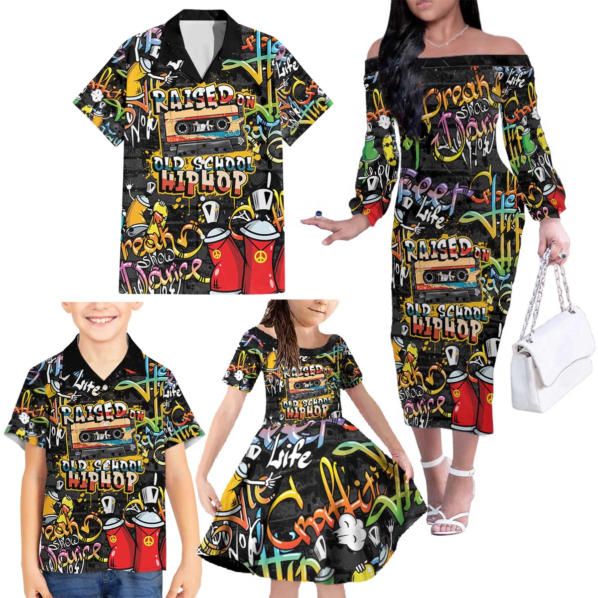 Raised On Hip Hop Family Matching Off The Shoulder Long Sleeve Dress and Hawaiian Shirt Graffiti Art Style - Shopicos