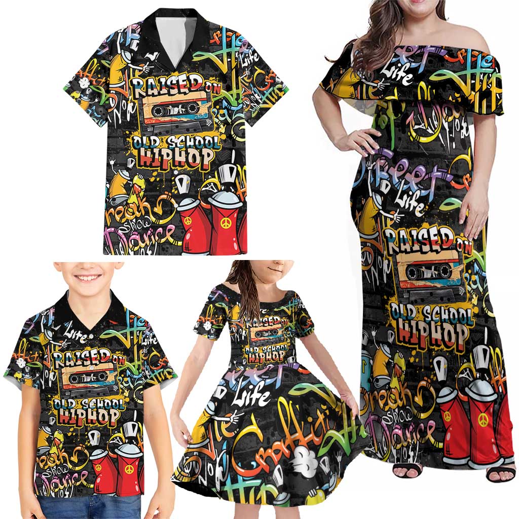 Raised On Hip Hop Family Matching Off Shoulder Maxi Dress and Hawaiian Shirt Graffiti Art Style - Shopicos