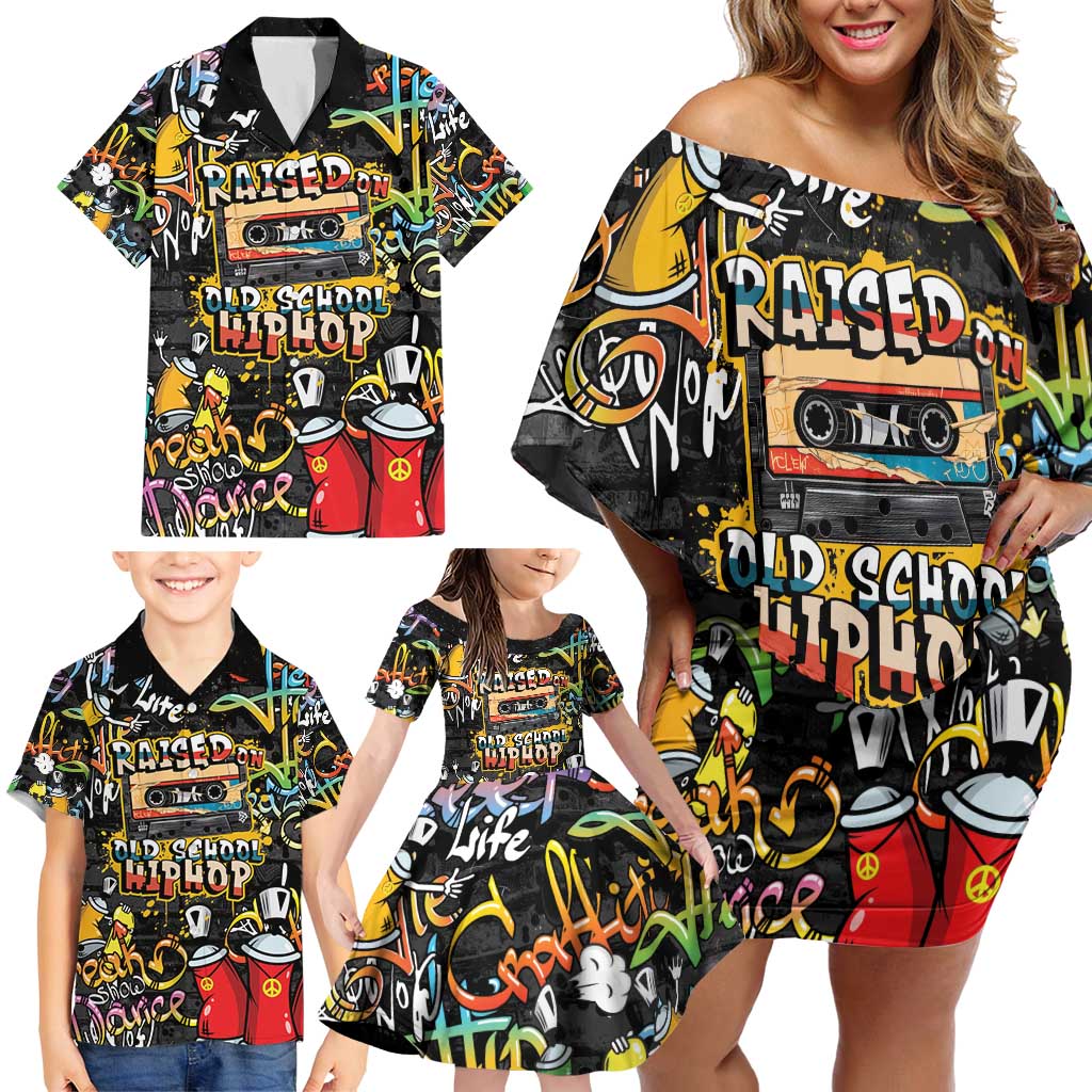 Raised On Hip Hop Family Matching Off Shoulder Short Dress and Hawaiian Shirt Graffiti Art Style - Shopicos