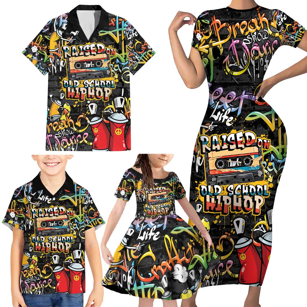 Raised On Hip Hop Family Matching Short Sleeve Bodycon Dress and Hawaiian Shirt Graffiti Art Style - Shopicos