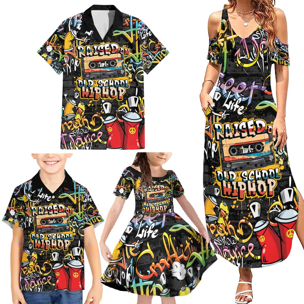 Raised On Hip Hop Family Matching Summer Maxi Dress and Hawaiian Shirt Graffiti Art Style - Shopicos