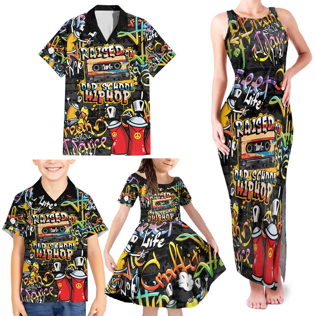 Raised On Hip Hop Family Matching Tank Maxi Dress and Hawaiian Shirt Graffiti Art Style - Shopicos