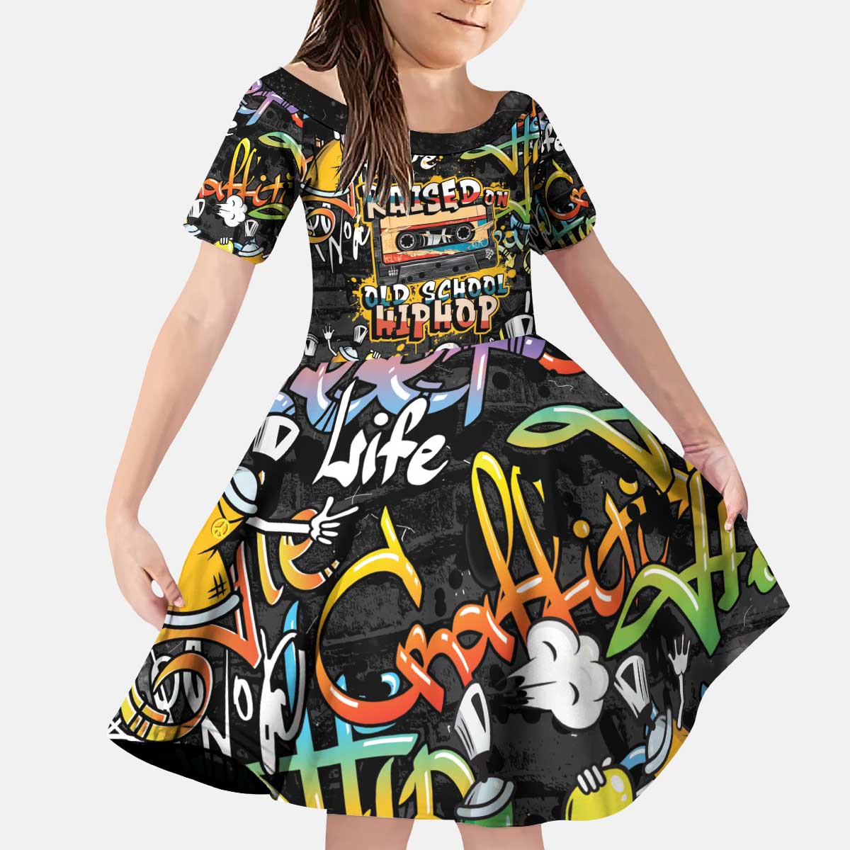 Raised On Hip Hop Kid Short Sleeve Dress Graffiti Art Style - Shopicos