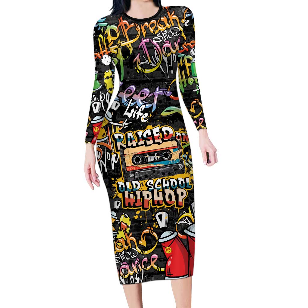 Raised On Hip Hop Long Sleeve Bodycon Dress Graffiti Art Style - Shopicos
