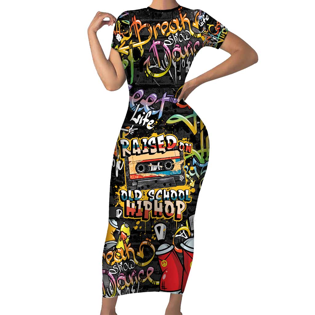 Raised On Hip Hop Short Sleeve Bodycon Dress Graffiti Art Style - Shopicos