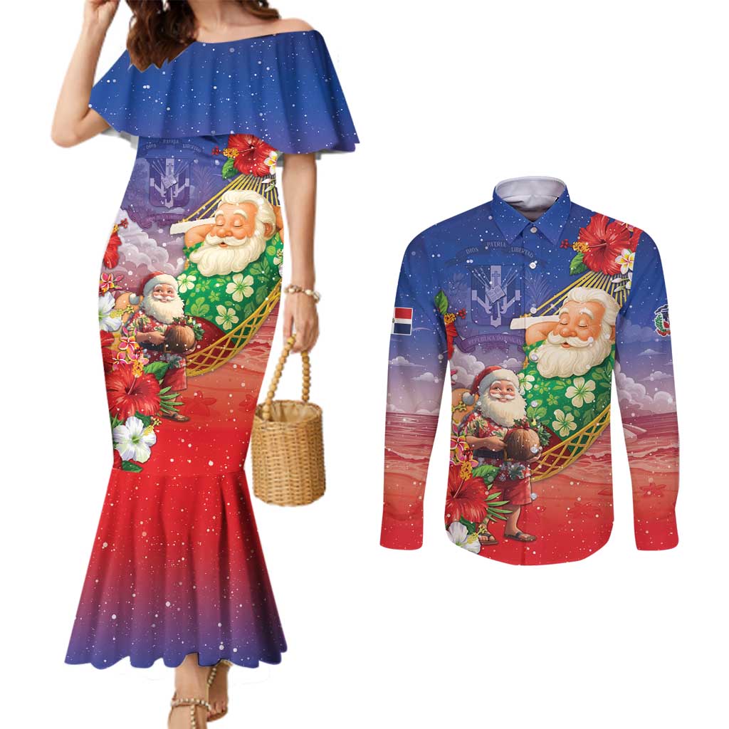 Dominican Republic Christmas Couples Matching Mermaid Dress and Long Sleeve Button Shirt Santa Relaxing On The Beach - Shopicos