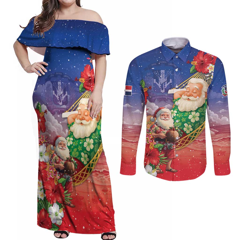 Dominican Republic Christmas Couples Matching Off Shoulder Maxi Dress and Long Sleeve Button Shirt Santa Relaxing On The Beach - Shopicos