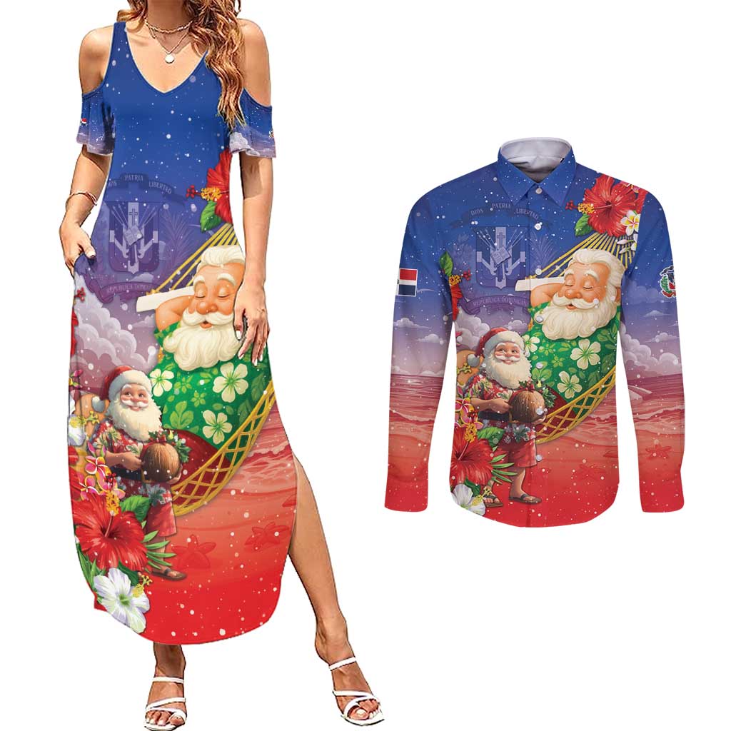 Dominican Republic Christmas Couples Matching Summer Maxi Dress and Long Sleeve Button Shirt Santa Relaxing On The Beach - Shopicos