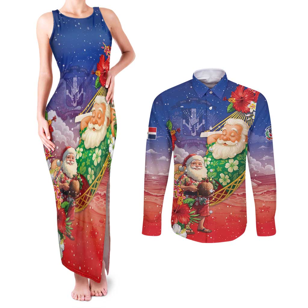 Dominican Republic Christmas Couples Matching Tank Maxi Dress and Long Sleeve Button Shirt Santa Relaxing On The Beach - Shopicos