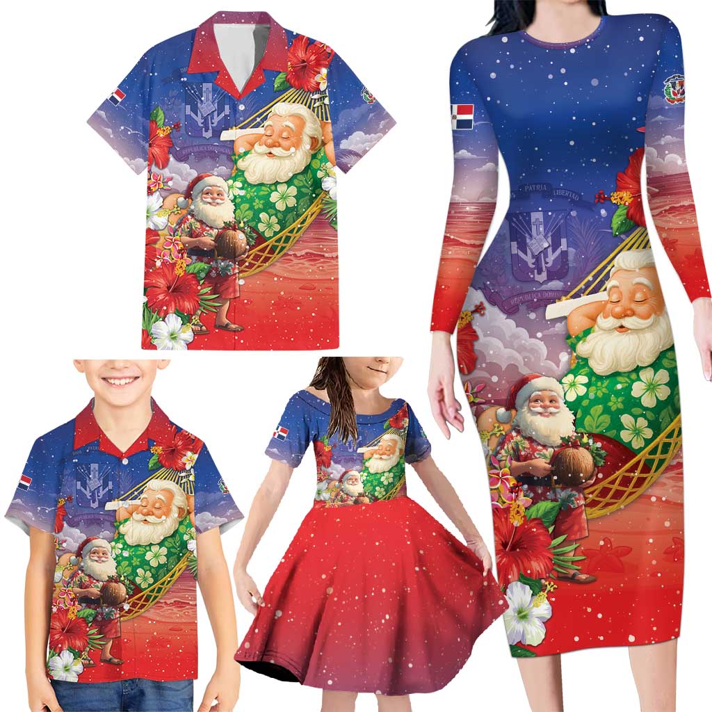 Dominican Republic Christmas Family Matching Long Sleeve Bodycon Dress and Hawaiian Shirt Santa Relaxing On The Beach - Shopicos