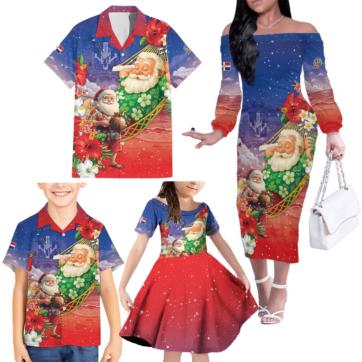 Dominican Republic Christmas Family Matching Off The Shoulder Long Sleeve Dress and Hawaiian Shirt Santa Relaxing On The Beach - Shopicos