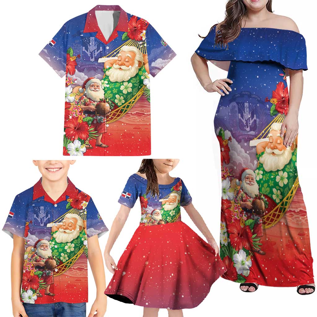 Dominican Republic Christmas Family Matching Off Shoulder Maxi Dress and Hawaiian Shirt Santa Relaxing On The Beach - Shopicos