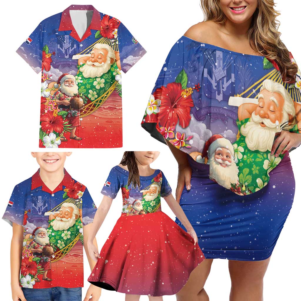 Dominican Republic Christmas Family Matching Off Shoulder Short Dress and Hawaiian Shirt Santa Relaxing On The Beach - Shopicos