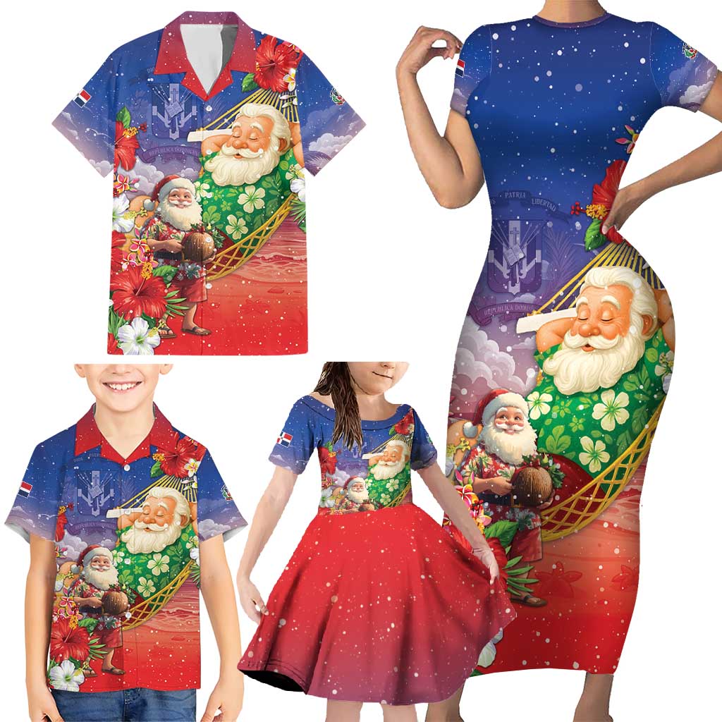 Dominican Republic Christmas Family Matching Short Sleeve Bodycon Dress and Hawaiian Shirt Santa Relaxing On The Beach - Shopicos