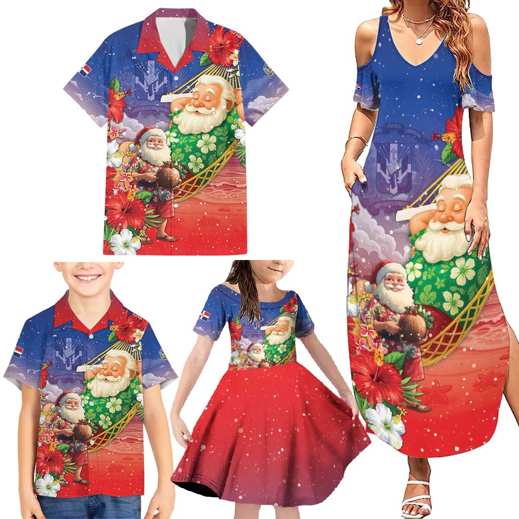 Dominican Republic Christmas Family Matching Summer Maxi Dress and Hawaiian Shirt Santa Relaxing On The Beach - Shopicos