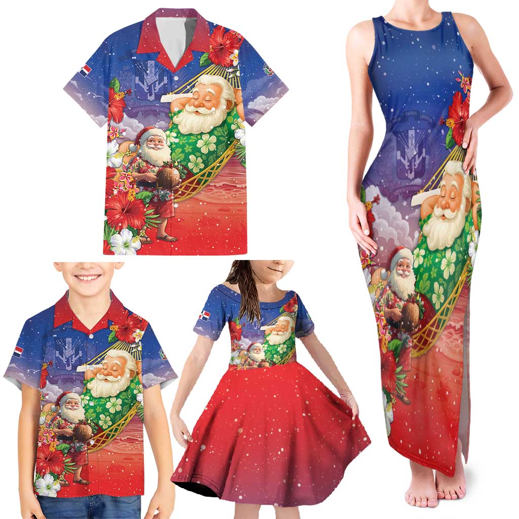 Dominican Republic Christmas Family Matching Tank Maxi Dress and Hawaiian Shirt Santa Relaxing On The Beach - Shopicos