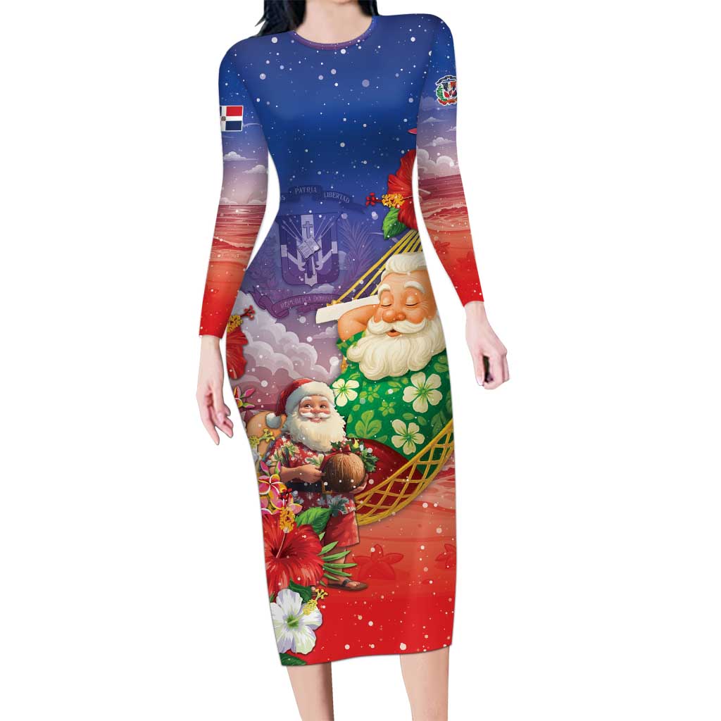 Dominican Republic Christmas Long Sleeve Bodycon Dress Santa Relaxing On The Beach - Shopicos