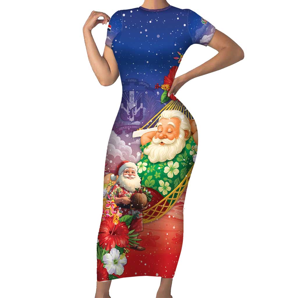 Dominican Republic Christmas Short Sleeve Bodycon Dress Santa Relaxing On The Beach - Shopicos