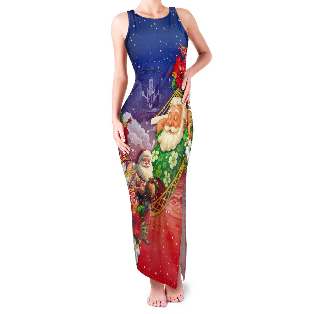 Dominican Republic Christmas Tank Maxi Dress Santa Relaxing On The Beach - Shopicos