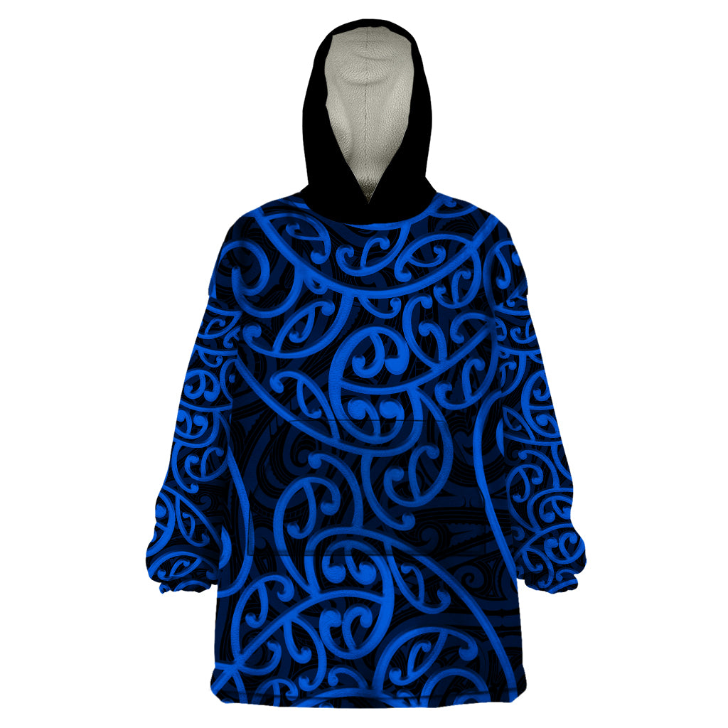 New Zealand Wearable Blanket Hoodie Maori Pattern Blue LT6 - Shopicos